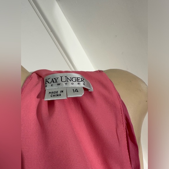 Kay Unger Bright Pink Ruffle Front Sleeveless A-Line Dress Size 14 - Picture 5 of 6